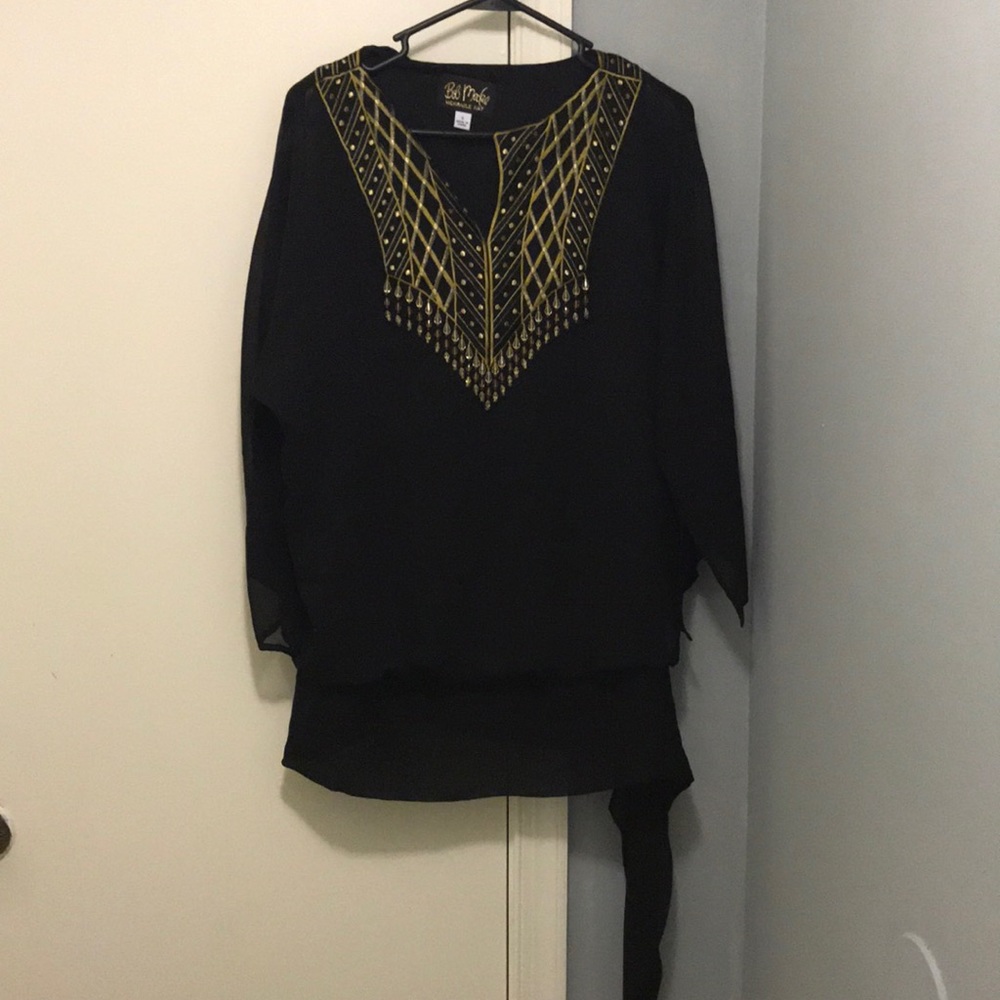 Bob Mackie long beaded tunic top in black